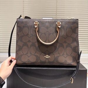 Coach Brown Signature Canvas Satchel with Black Strap